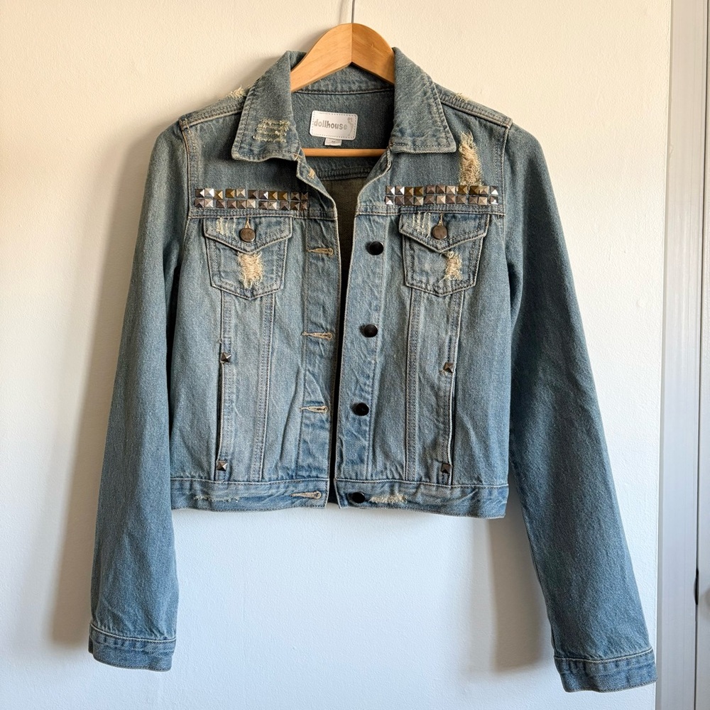 Blue Distressed Studded Denim Jacket | Dollhouse